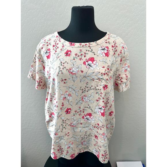 VAN HEUSEN Beige Pink Floral Linen Blend Short Sleeve Top Keyhole Back | Large - Picture 2 of 4